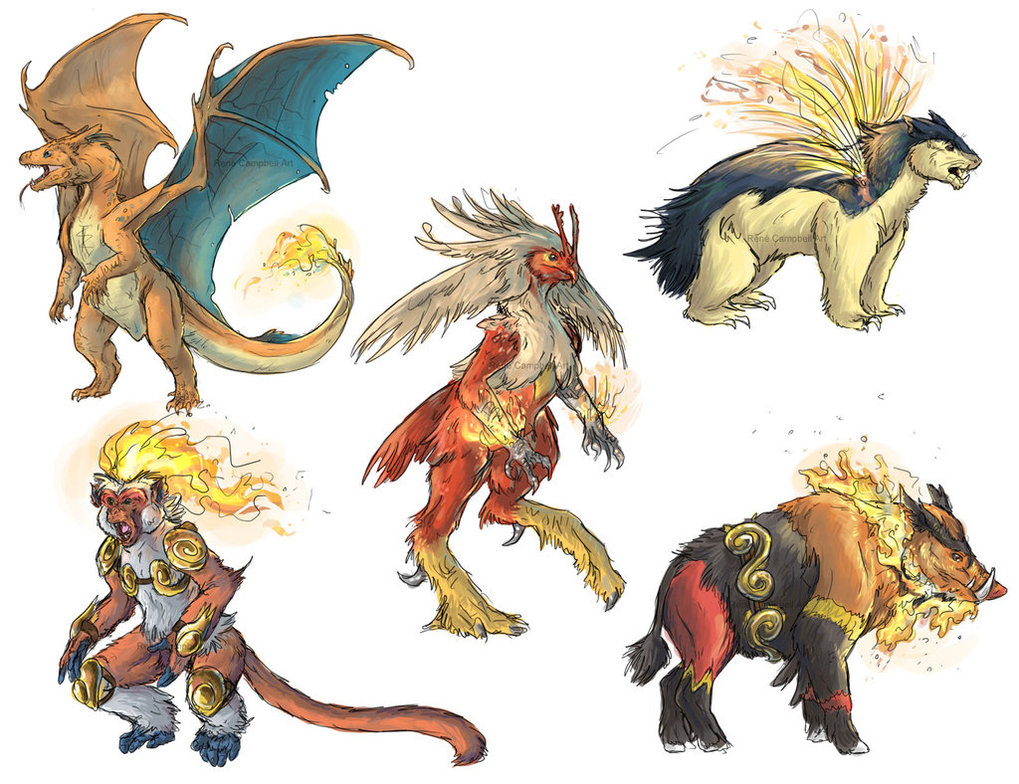 realistic_pokemon_sketches__fire_final_evolutions_by_nauvasca-d5me57n