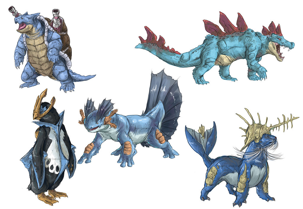 realistic_pokemon_sketches__water_final_evolutions_by_nauvasca-d5n3q7d