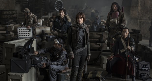 Star Wars: Rogue One..L to R: Actors Riz Ahmed, Diego Luna, Felicity Jones, Jiang Wen and Donnie Yen..Photo Credit: Jonathan Olley..?Lucasfilm 2016