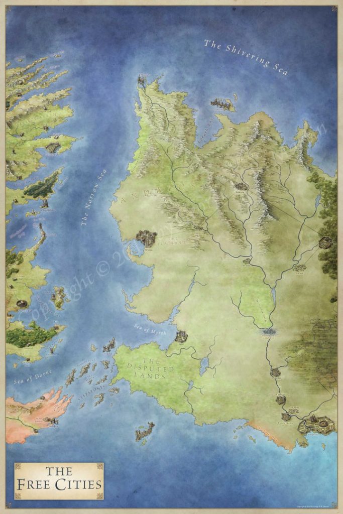 The map of the free cities for George RR Martin's series A Song of Ice and Fire. The map includes details of the Narrow Sea, the castles of Dragonstone and Storm's End to the free cities of Lys, Pentos and Braavos
