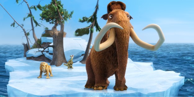 This image released by 20th Century Fox shows the characters Diego, voiced by Denis Leary, left, Sid, voiced by John Leguizamo and Manny, voiced by Ray Romano in a scene from the animated film, "Ice Age: Continental Drift." (AP Photo/20th Century Fox) 07132012xGUIDE