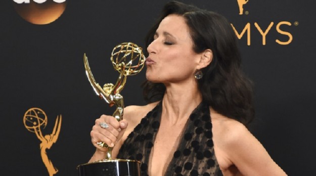 Julia Louis-Dreyfus winner of the award for outstanding lead actress in a comedy series for Veep poses in the press room at the 68th Primetime Emmy Awards on Sunday, Sept. 18, 2016, at the Microsoft Theater in Los Angeles. (Photo by Jordan Strauss/Invision/AP)