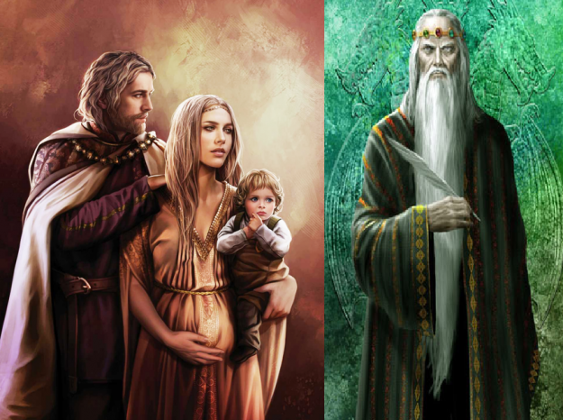 solda Jaehaerys II. Targayen, eşi ve çocukları - sağda Jaehaerys I. Targaryen