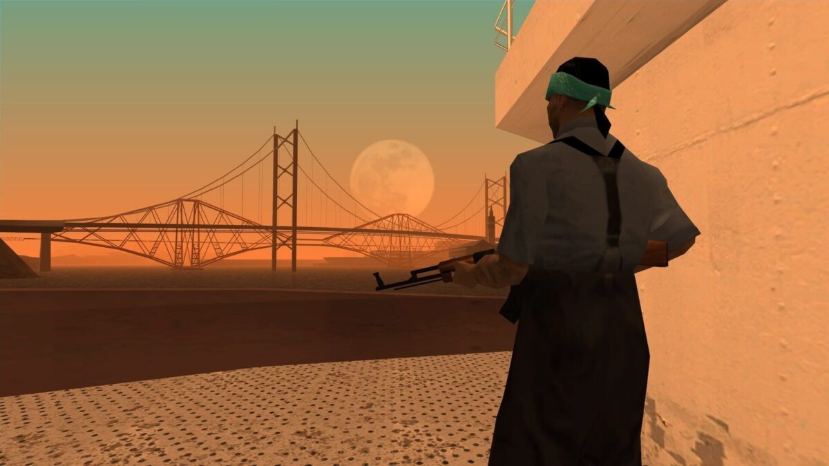 GTA San Andreas'ta gün batımında köprü manzarası