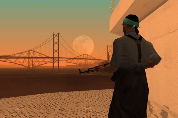 GTA San Andreas'ta gün batımında köprü manzarası