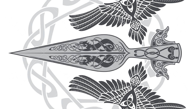 The Spear Of The God Odin - Gungnir. Two ravens and Scandinavian pattern