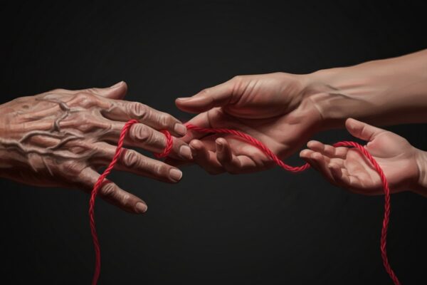 Kuşaktan kuşağa geçen kırmızı iplik, yapay zekâ illüstrasyonu