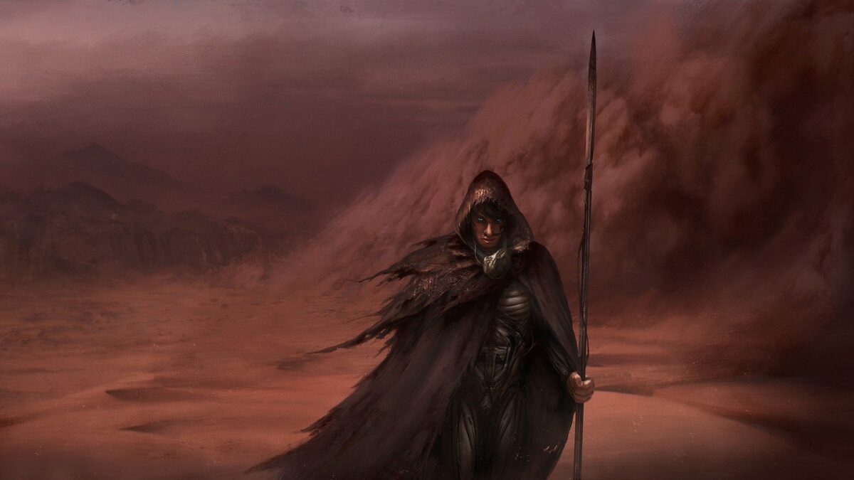 Arrakis çölünde mızraklı, pelerinli bir Fremen savaşçısı çizimi