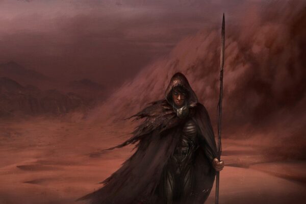Arrakis çölünde mızraklı, pelerinli bir Fremen savaşçısı çizimi