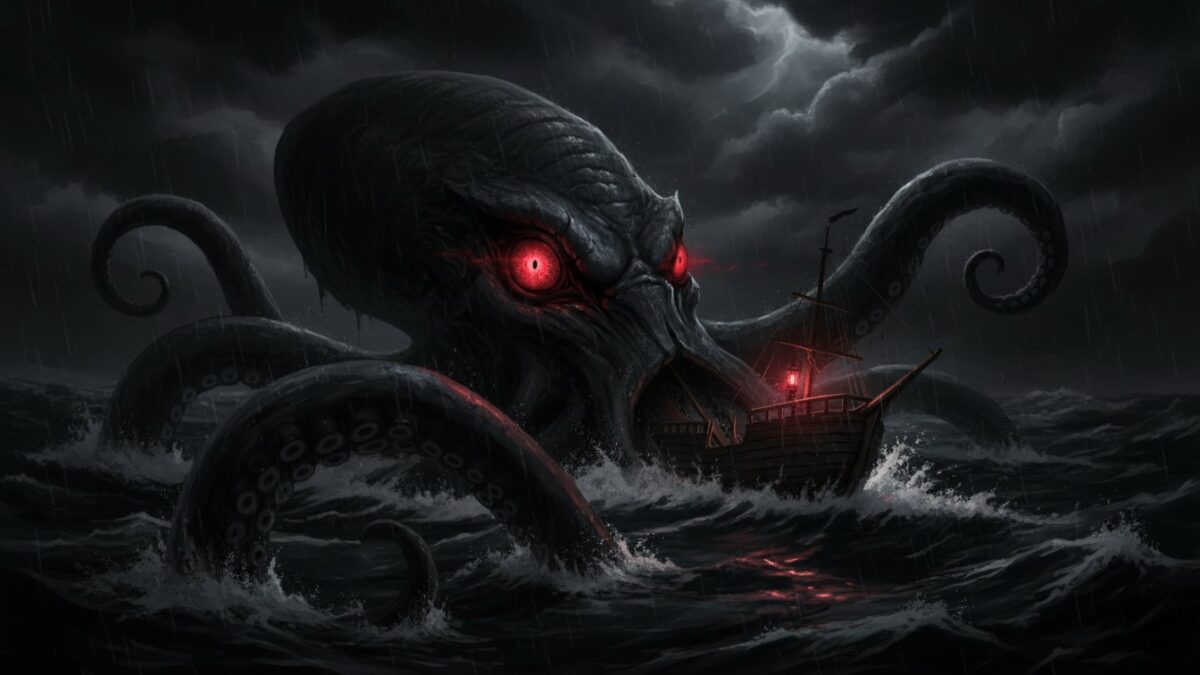 Gemiyi saran Kraken, yapay zekâ illüstrasyonu