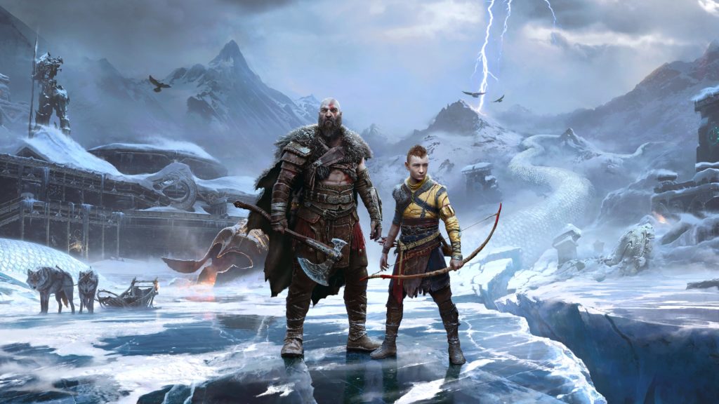 Kratos and Atreus standing together in the PlayStation game God of War Ragnarök by Santa Monica Studio