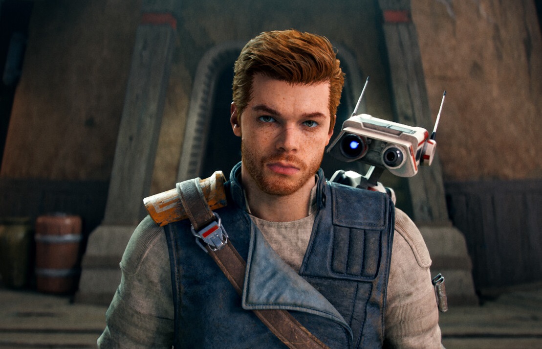 Cal Kestis and on his shoulder, BD from Star Wars Jedi: Survivor