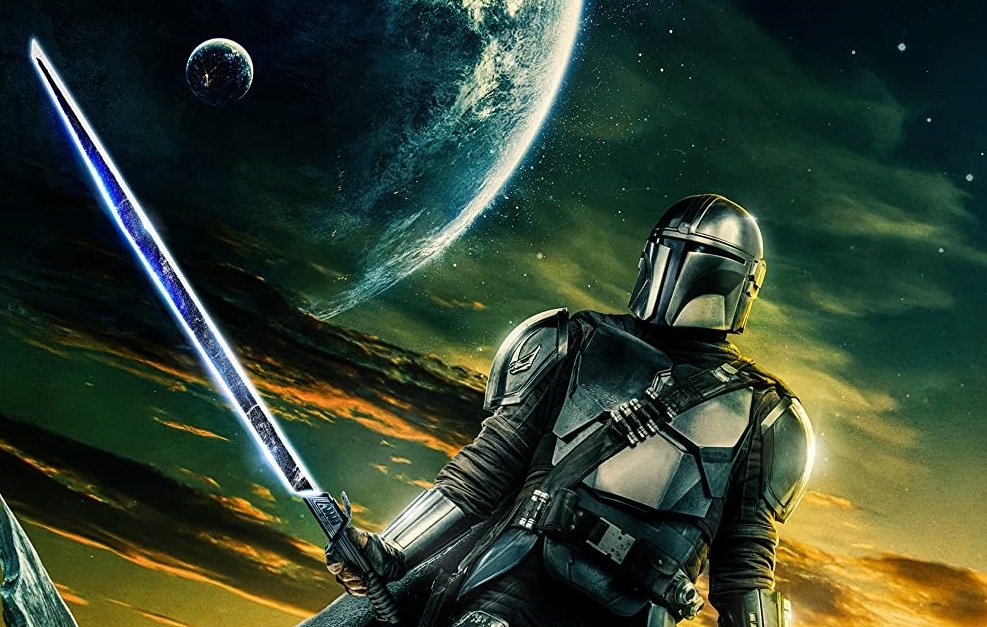 Mandalorian aka Din Djarin holding darksaber wiith his hand in the season 3 poster