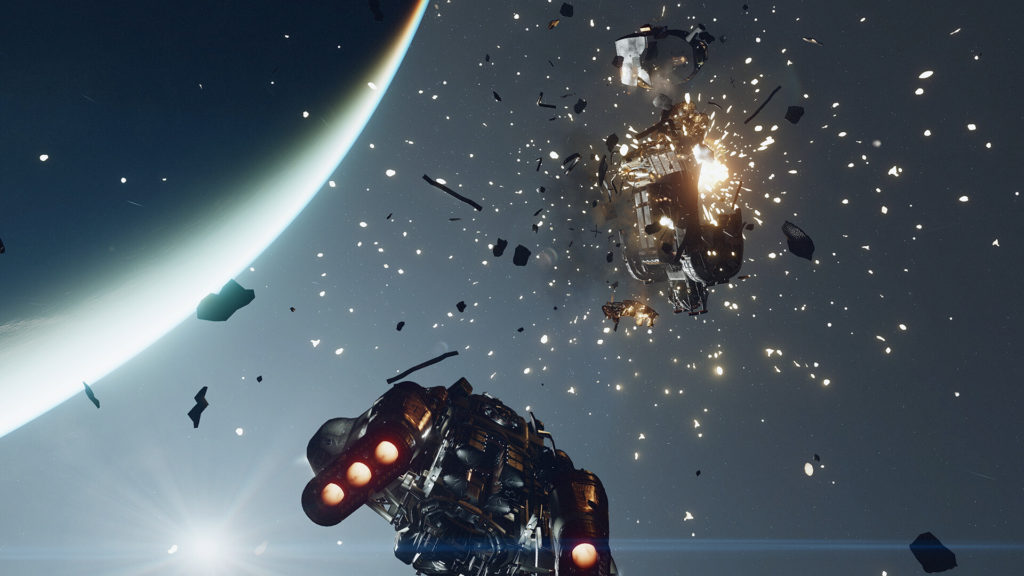 Bethesda Game Studios yapımı Starfield uzay rol yapma oyunundan bir uzay gemisi savaşı görseli