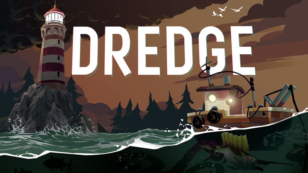 Black Salt Games tarafından geliştirilen ve Team17 tarafından yayınlanan Dredge adlı korku oyununun kapak görseli