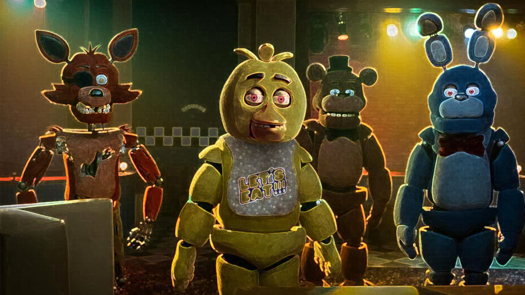 Blumhouse yapımı Five Nights at Freddy's filminden Foxy Chica Freddy ve Bonnie animatroniklerinin olduğu bir görsel