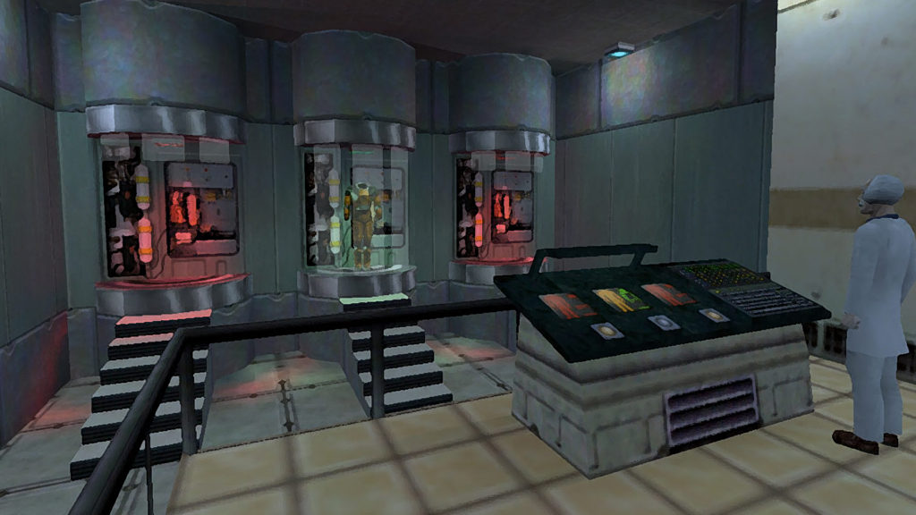 Valve yapımı Half Life oyununun giriş kısımlarından bir kare, tam Hazard Suit almadan önce.