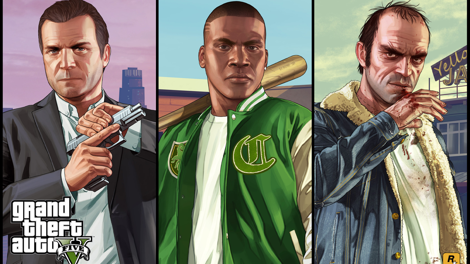 Rockstar Games yapımı GTA V oyunundan Michael Franklin ve Trevor adlı ana karakterlerin bulunduğu bir kapak resmi