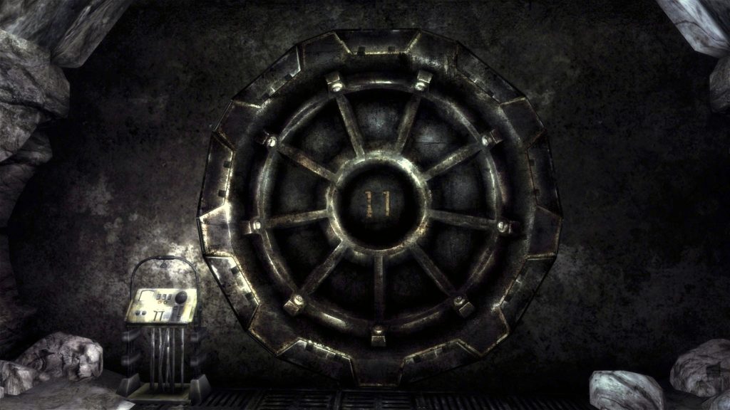 Obsidian Entertainment tarafından yapılan ve Bethesda tarafından yapılan Fallout New Vegas oyununda yer alan Vault 11 sığınağının dev metal kapısı.